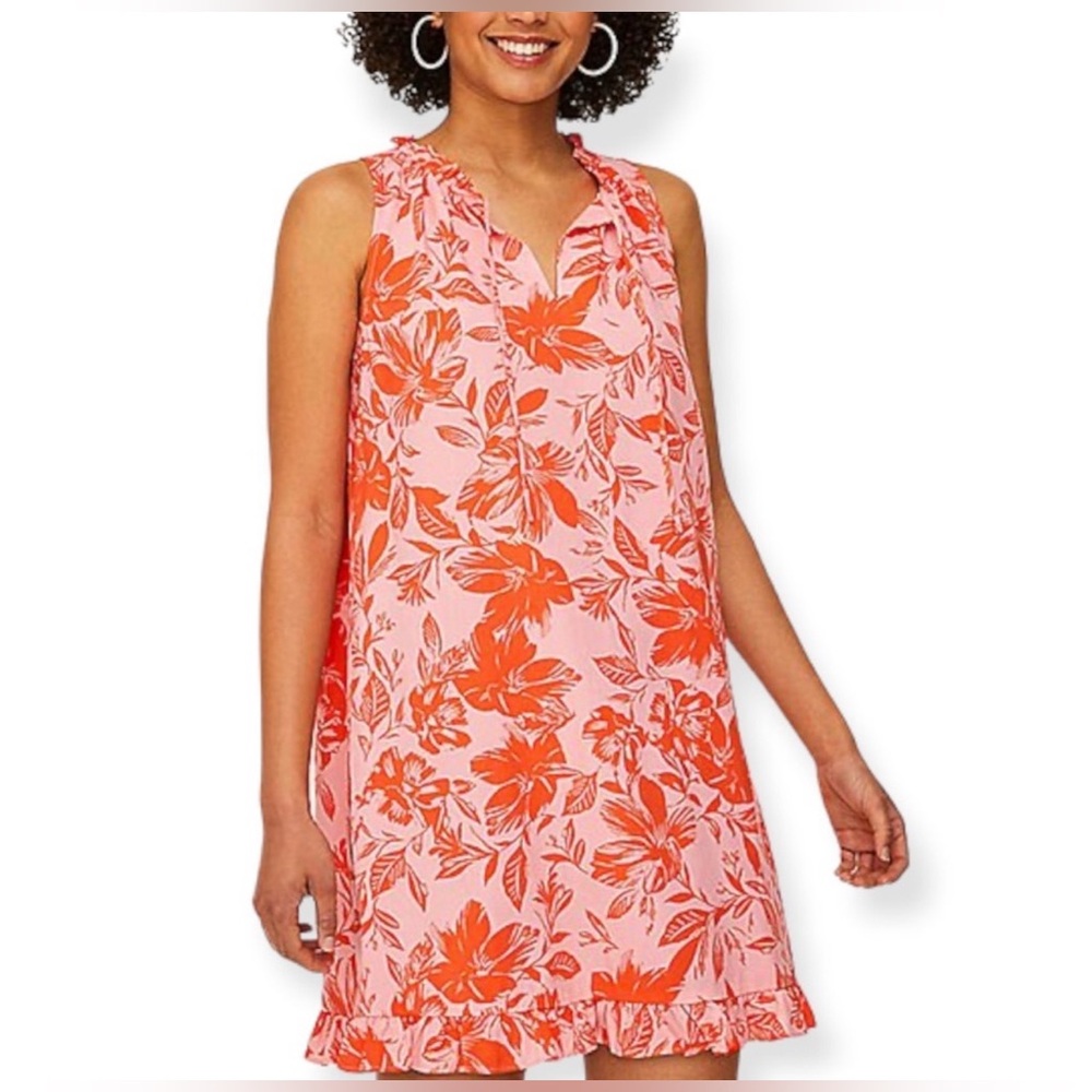 LOFT Wild Flamingo Pacific Floral Tie-Neck Sleeveless Mini Shift Dress XL